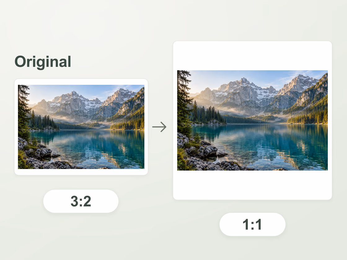 The same alpine lake photograph shown in its original wide format and fitted into a square with white padding, keeping every mountain peak and shoreline visible.
